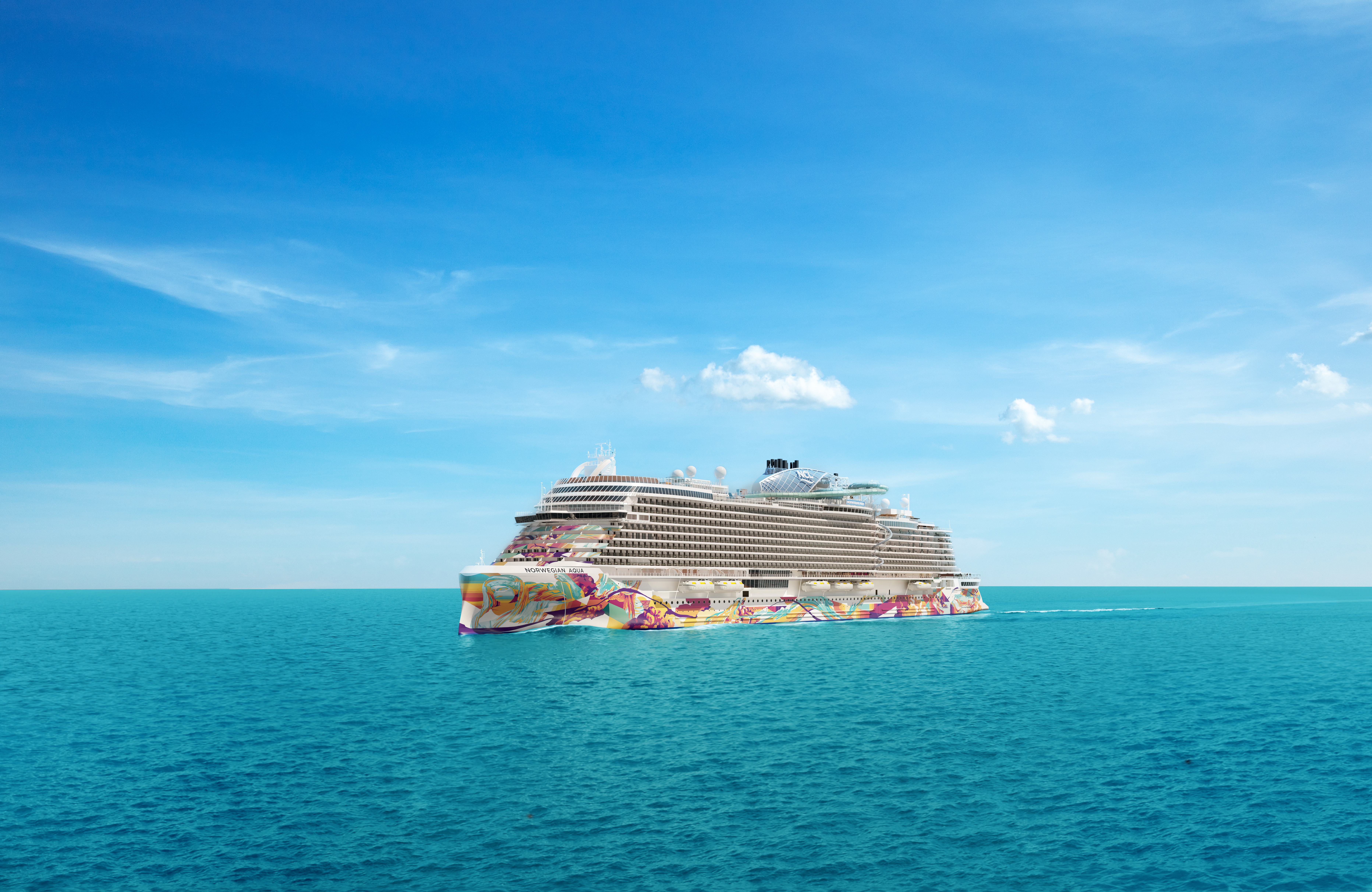 Norwegian Aqua cruise ship with vibrant colorful hull art featuring abstract patterns in oranges, purples, and teals, sailing on turquoise ocean waters